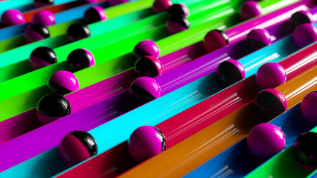 Bright colorful background with rolling balls along the paths. Minimalism and fashion concept. 3d...