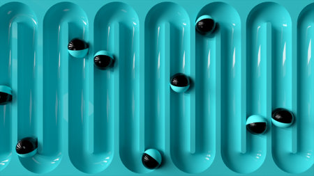 Bright colorful background with rolling balls along the paths. Plastic ball rolling in geometry deepening. 3d illustrationの写真素材