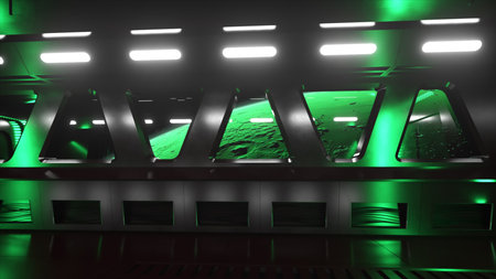 Sci-fi tunnel in outer space with neon light. Planet Mars outside the window of the spaceship. Space...