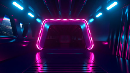 Sci-fi tunnel in outer space with neon light. Planet Earth outside the window of the spaceship....