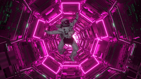 Astronaut falling in the corridor of a spaceship. Sci-Fi futuristic space tunnel VJ for titles and...