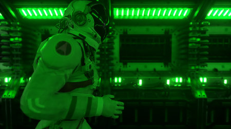 Astronaut runs through a tunnel to another compartment of the space gate. Spaceship and technology...