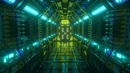 Flying in a spaceship tunnel, a sci-fi shuttle corridor. Futuristic abstract technology. Technology...