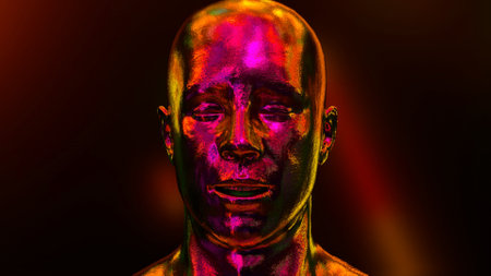 Funny 3d illustration of a wrinkling soft metal face. The human chrome face is crumpled. Rest and...