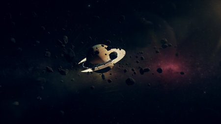 Planet Saturn in outer space. City located along the rings of Saturn, the concept of the...