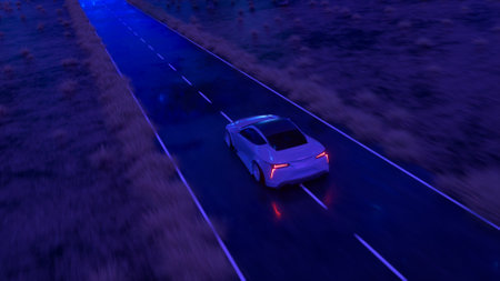 The car rushes at fast speed along the asphalt road along the desert into a fabulous sunset with a magical blue tint. 3d illustrationの写真素材