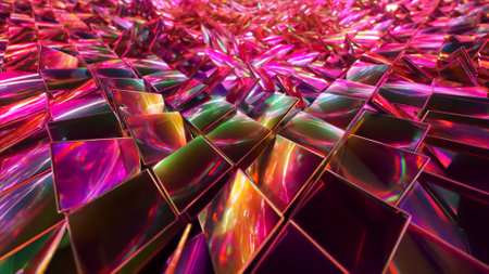 Abstract background of reflective holographic cubes creating a wave surface. Modern neon lighting,...
