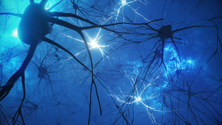 3d illustration of the activity of neurons and synapses. Neural connections in outer space,...