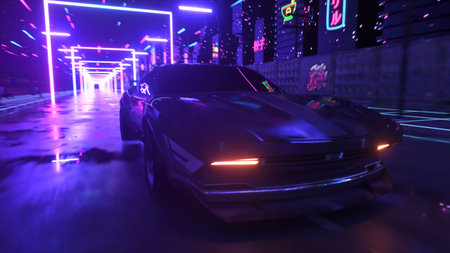 Car and city in neon style. 80s retro background 3d illustration. Retro futuristic car drive through...