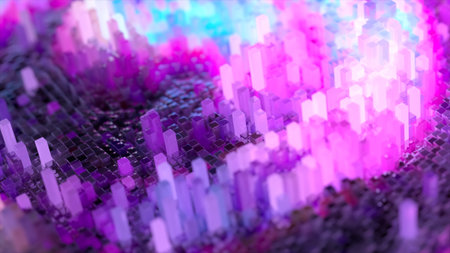 Abstract wave surface consisting of blocks moves in a random chaotic order. Blue pink color. 3d...