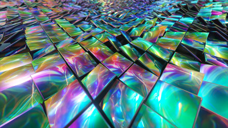 Abstract background of reflective holographic cubes creating a wave surface. Modern neon lighting,...