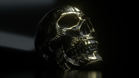 Human skull with gold accents close-up. Horror and Halloween fear concept. 3d illustration. High...
