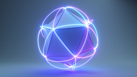 Abstract volumetric polygon with connecting neon lines at the corners. Technological concept. 3d...