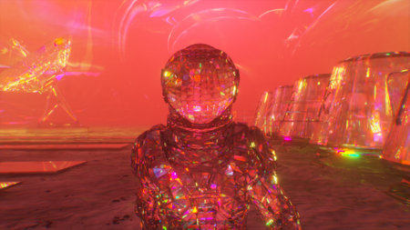 Cosmos concept. A diamond astronaut walks across Mars against the backdrop of a space base. Pink...