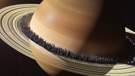 Planet Saturn in outer space. City located along the rings of Saturn, the concept of the...