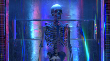 Human skeleton in front of a holographic background. 3D rendering
