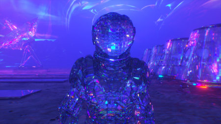 Cosmos concept. A diamond astronaut walks across Mars against the backdrop of a space base. Blue...