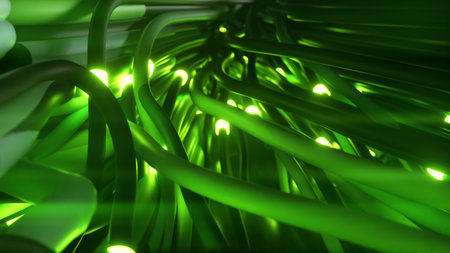Bundles of abstract optical fiber lines. Bright light signals quickly transmit data for high speed...