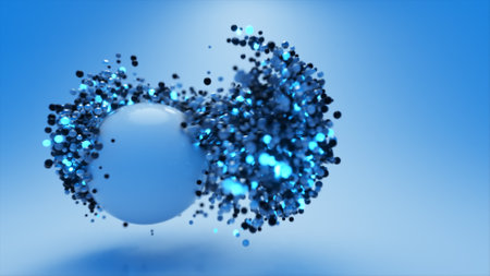 Dynamics of abstract blue glowing particle spheres. A large sphere attracts small. Scientific...