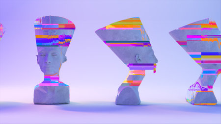 Glitch of Nefertiti head on light background. High quality 3d illustration