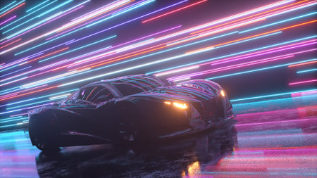 Futuristic concept. The sports car is moving against the backdrop of glowing neon lines. Blue purple...