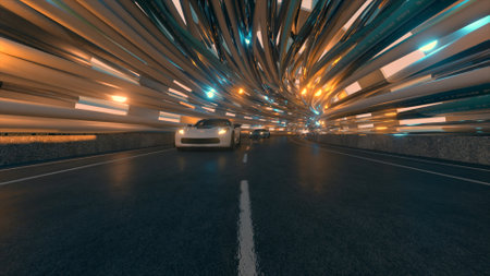 The movement of cars on a futuristic bridge with fiber optics. Future technologies concept. Business...