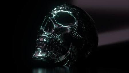 Human skull with gold accents close-up. Horror and Halloween fear concept. 3d illustration. High...