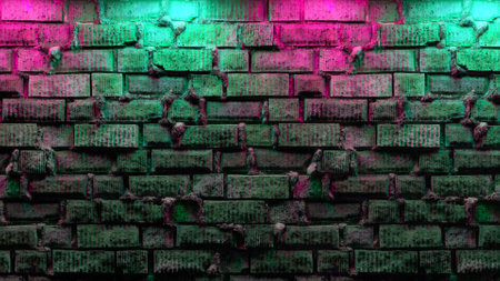 Empty brick wall with neon light, copy space. Light effect on a brick wall background. Modern light...