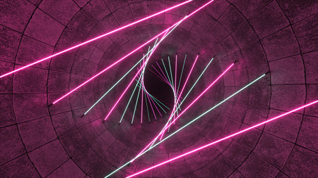 Flying in a concrete tunnel with neon lighting. Halogen lamps. Abstract background. Modern pink...