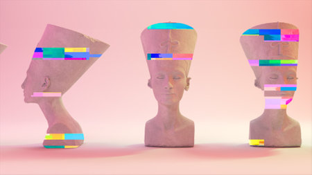 Glitch of Nefertiti head on light background. High quality 3d illustration