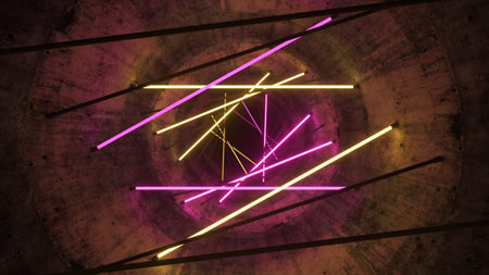 Flying in a concrete tunnel with neon lighting. Halogen lamps. Abstract background. Modern yellow...
