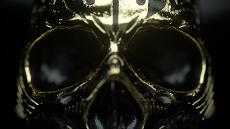 Human skull with gold accents close-up. Horror and Halloween fear concept. 3d illustration. High...