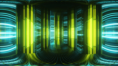 Bright neon lights in a metal room. Modern fluorescent light. Green yellow neon spectrum. 3d...