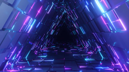 Abstract neon triangle tunnel technological. Endless animated background. Modern neon light. Bright...