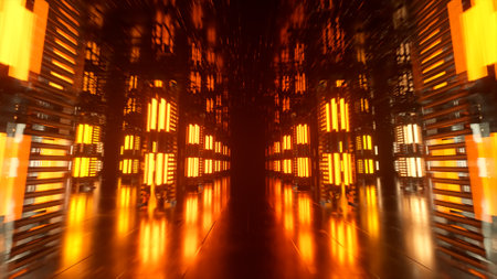 A long futuristic corridor with a technological interior. Neon light moving rapidly from the end of...