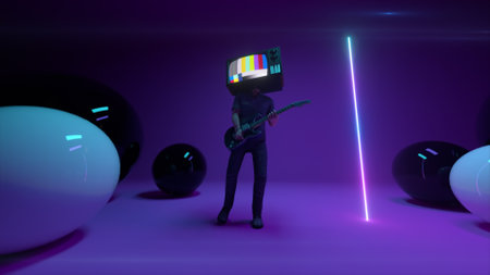 A guitarist with a TV instead of a head plays the guitar in the studio. TV screen error. Color...