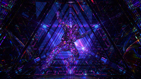 Crystal astronaut falling in the corridor of a spaceship. Sci-Fi futuristic space tunnel. Neon...