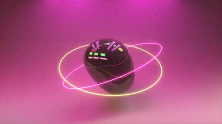 Abstract background with morphing dark spheres illuminated by neon rings. 3d illustrationの写真素材