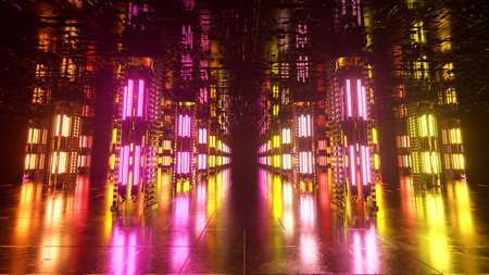 A long futuristic corridor with a technological interior. Neon light moving rapidly from the end of...