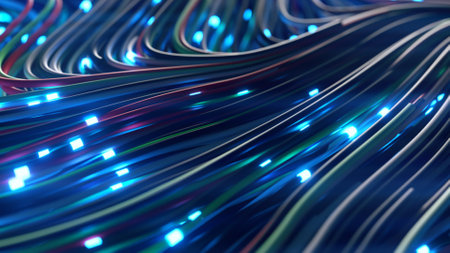 Bundles of abstract optical fiber lines. Bright light signals quickly transmit data for high speed...
