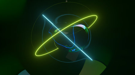 Abstract background with morphing dark spheres illuminated by neon rings. 3d illustration
