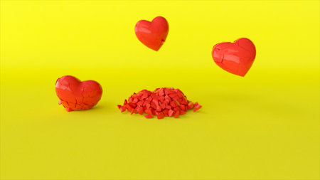 Several red hearts are shattered on the yellow surface. Broken heart concept. 3d illustration