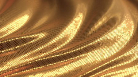 Gold beautiful shiny background of sequins and bokeh. Wavy festive fabric texture with shiny...