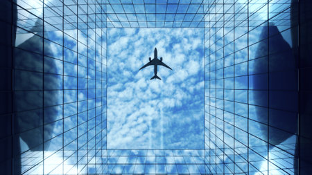Passenger plane flying in the sky with clouds over a modern glass building. Bottom view. Travel...