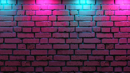 Empty brick wall with neon light, copy space. Light effect on a brick wall background. Modern light...