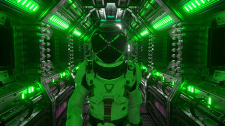 Astronaut walking in spaceship tunnel, sci-fi shuttle corridor. Futuristic abstract technology....