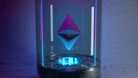 Pixel animation of Ethereum coin symbol logo in glass capsule with neon lighting. Ethereum Coin: 3d illustrationの写真素材