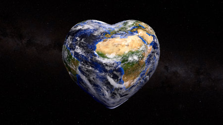 The concept of life and peace on planet Earth. Heart shaped planet Earth on a dark background. 3d...