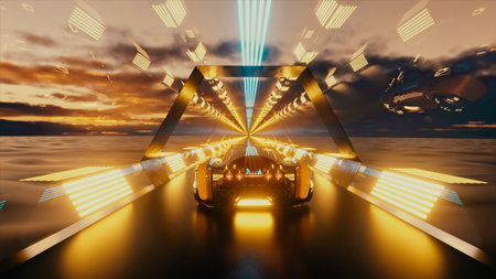 The car rushes at high speed through an endless neon technology tunnel. Futuristic concept.3d...