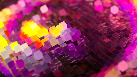 Abstract wave surface consisting of blocks moves in a random chaotic order. Pink yellow color. 3d...
